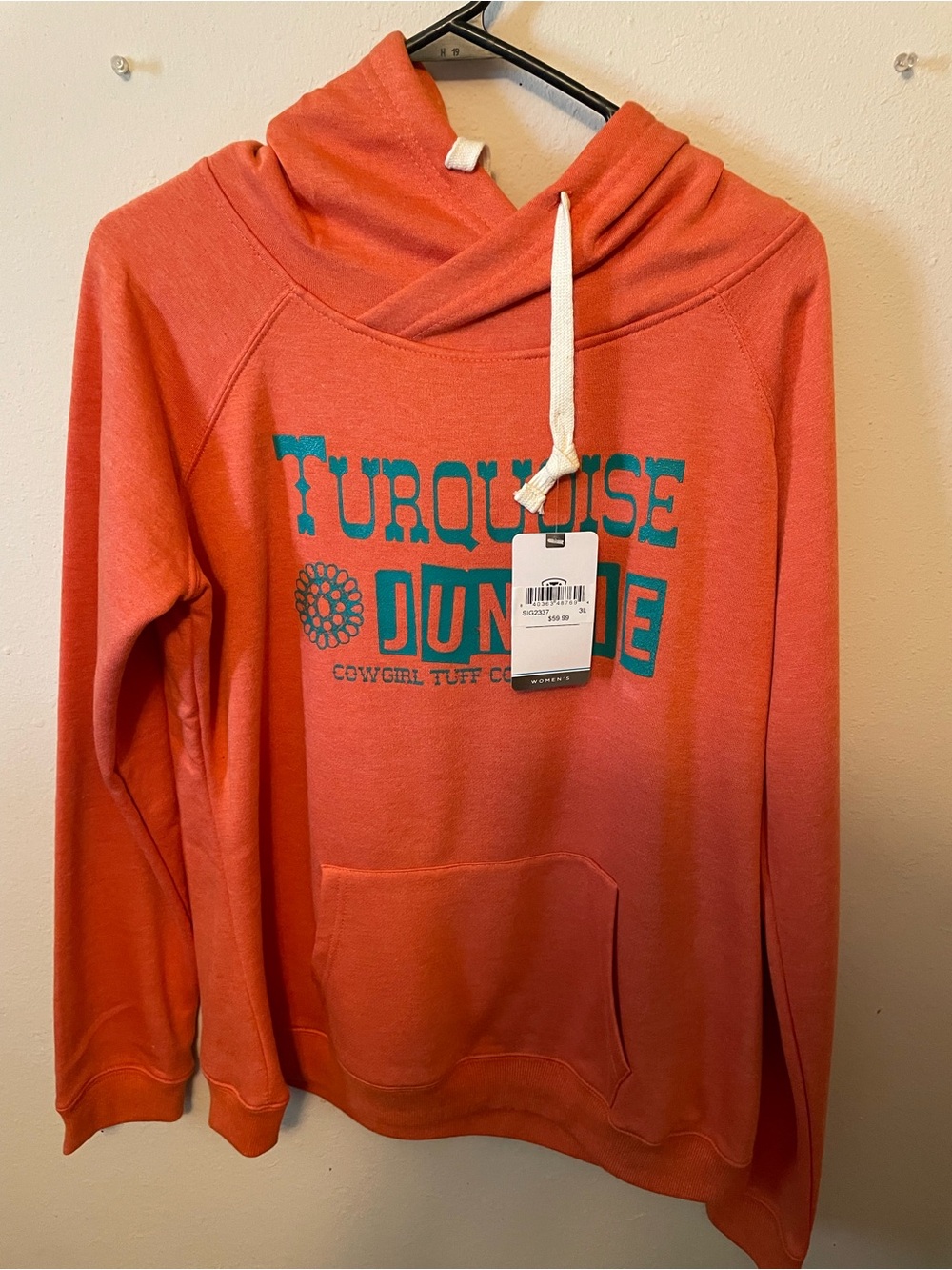 Cowgirl Tuff Coral Pullover with Turquoise Graphic